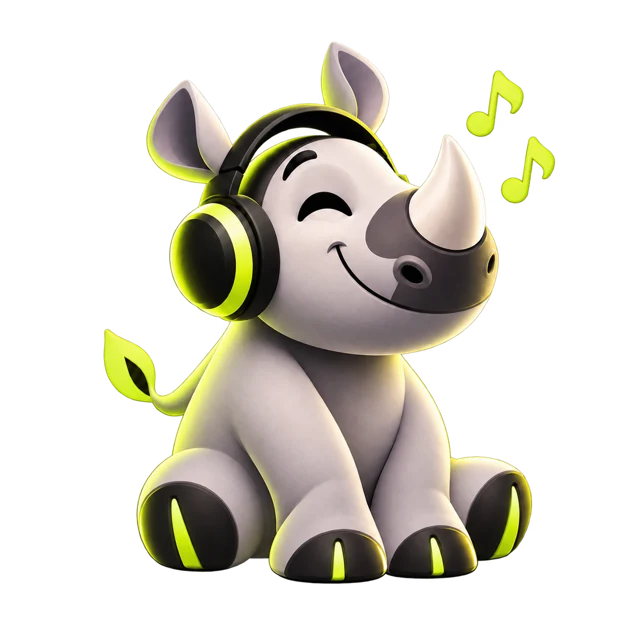 Rhyme Rhino mascot listening with headphones