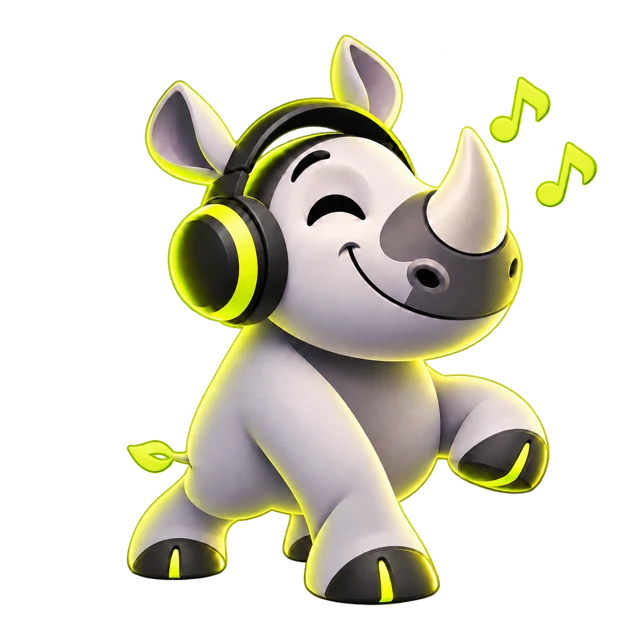 Rhyme Rhino creating music, wearing headphones with floating musical notes